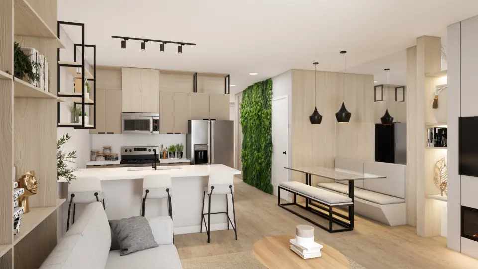 Kitchen with quartz island